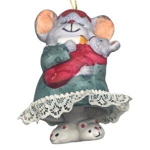 jasco Christmas bell ornament mouse & baby bow lace bottle gray green 3.5" READ